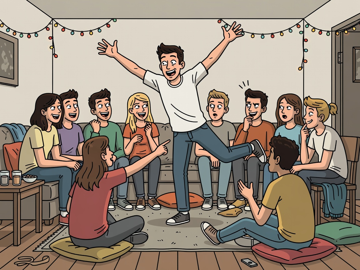 A seated audience guessing a friend's exaggerated gesture in a flat party illustration.