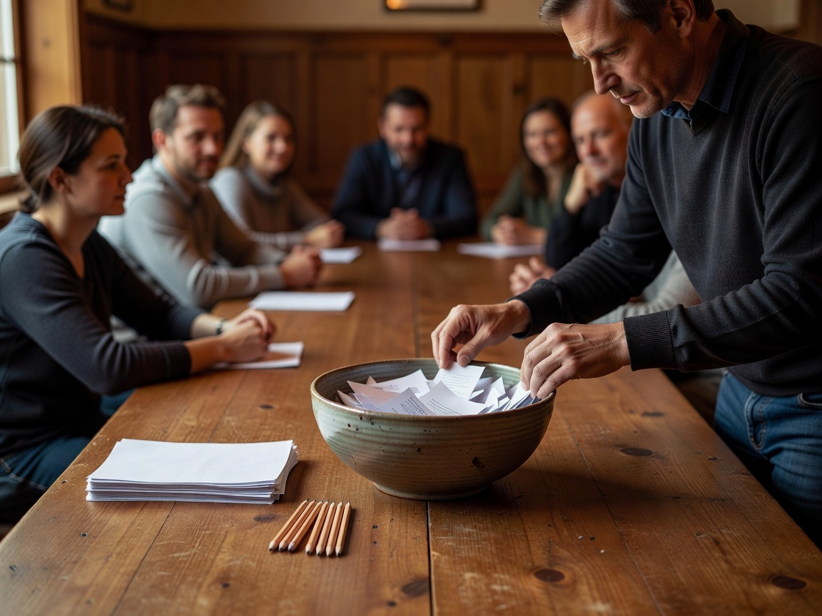 A host preparing a prompt bowl, pencils and trivia sheets beside a group table.