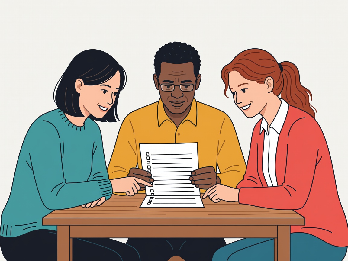 Flat illustration of teammates comparing answers on a shared trivia sheet.