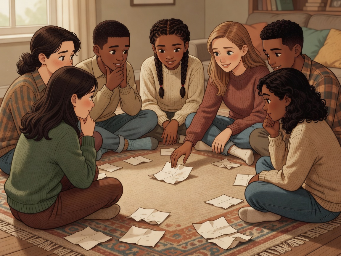 A circle of illustrated friends considering an object written on a prompt slip.